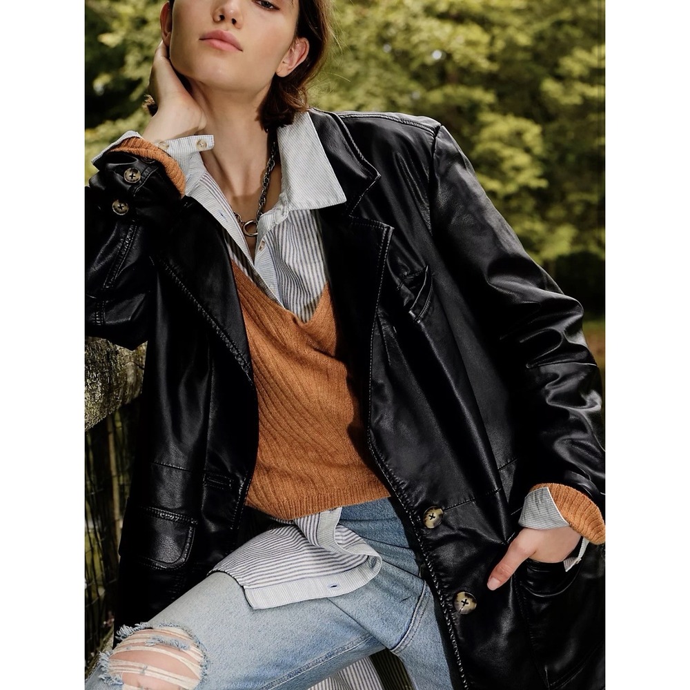 We The Free People M Black By My Side Vegan Leather Blazer Jacket Relaxed Fit